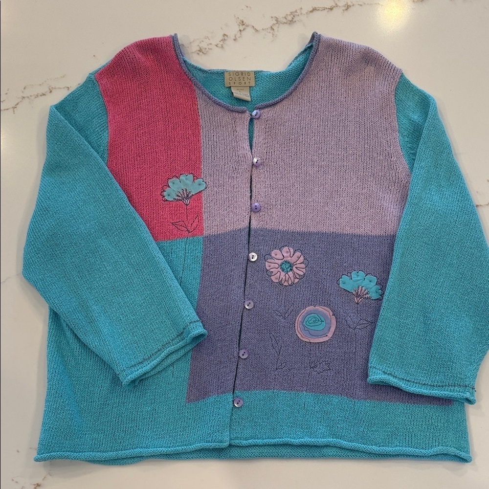 Vintage Sigrid Olsen Pastel Knit Cardigan Floral Colorblock 90s Petite Large